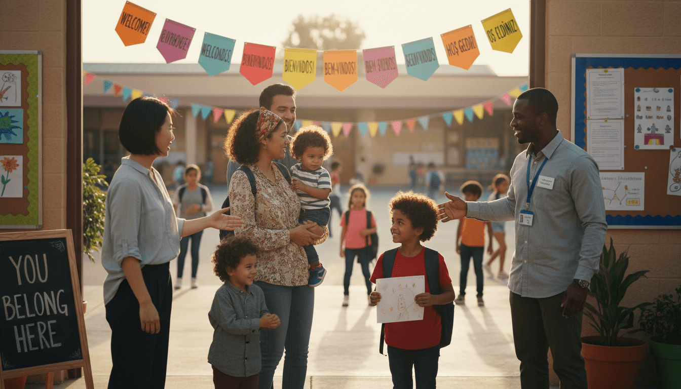 Teacher welcoming a new migrant student family to a rural school during agricultural season