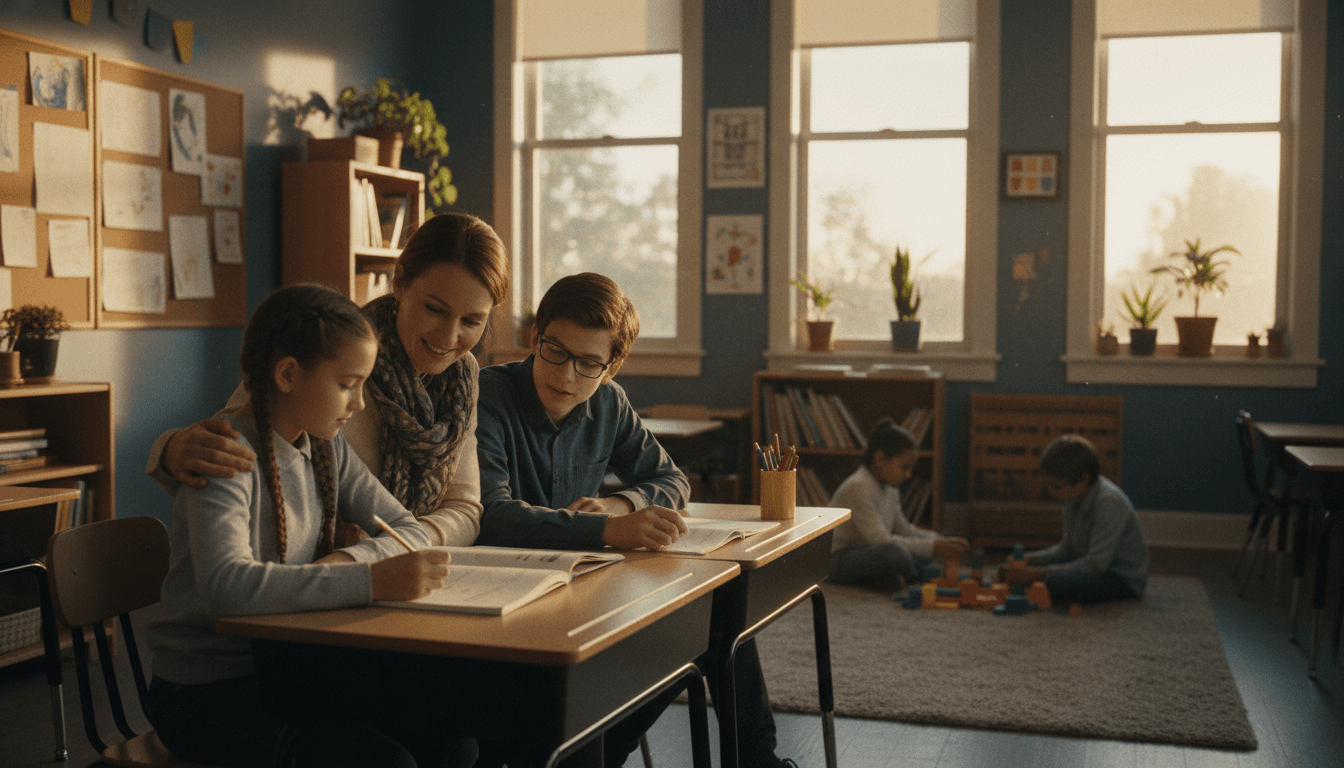 Small school hallway with student artwork on the walls and a close-knit community feel