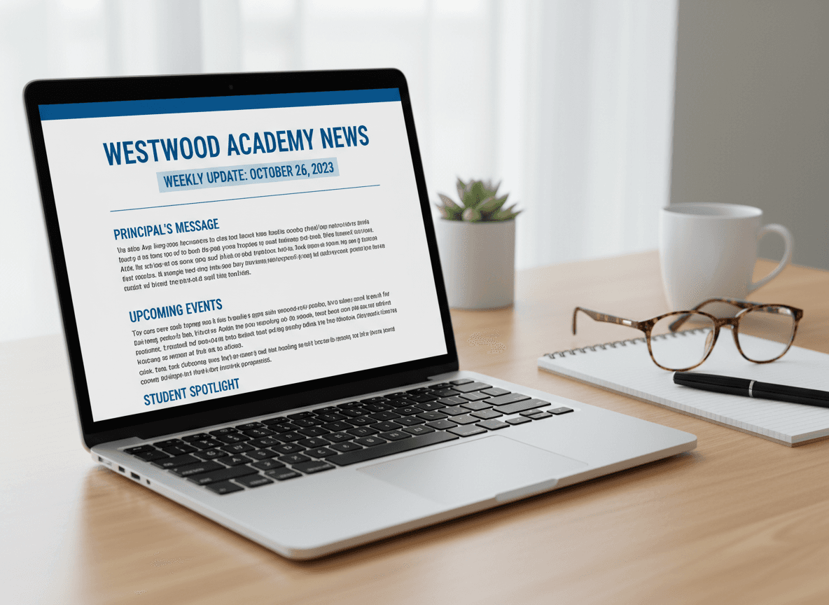 Accessible school newsletter displayed on a screen reader with highlighted alt text and proper heading structure, clean professional interface