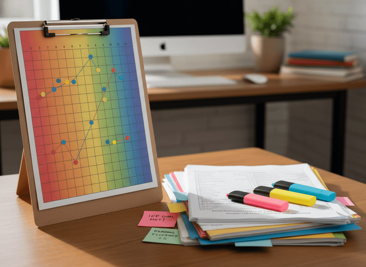 Close-up of a progress tracking chart on a school clipboard, colorful data markers, organized special education documentation