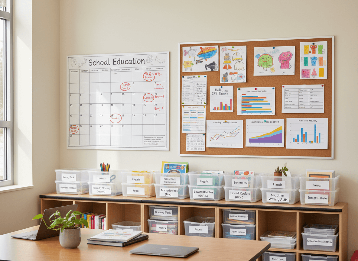 Calendar on a school wall with IEP meeting dates marked, bulletin board with student work samples nearby, organized SPED resource room