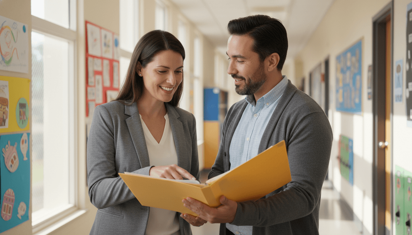 SPED teacher and parent talking in a school hallway, both looking at a folder of documents, natural light from windows, warm and professional setting