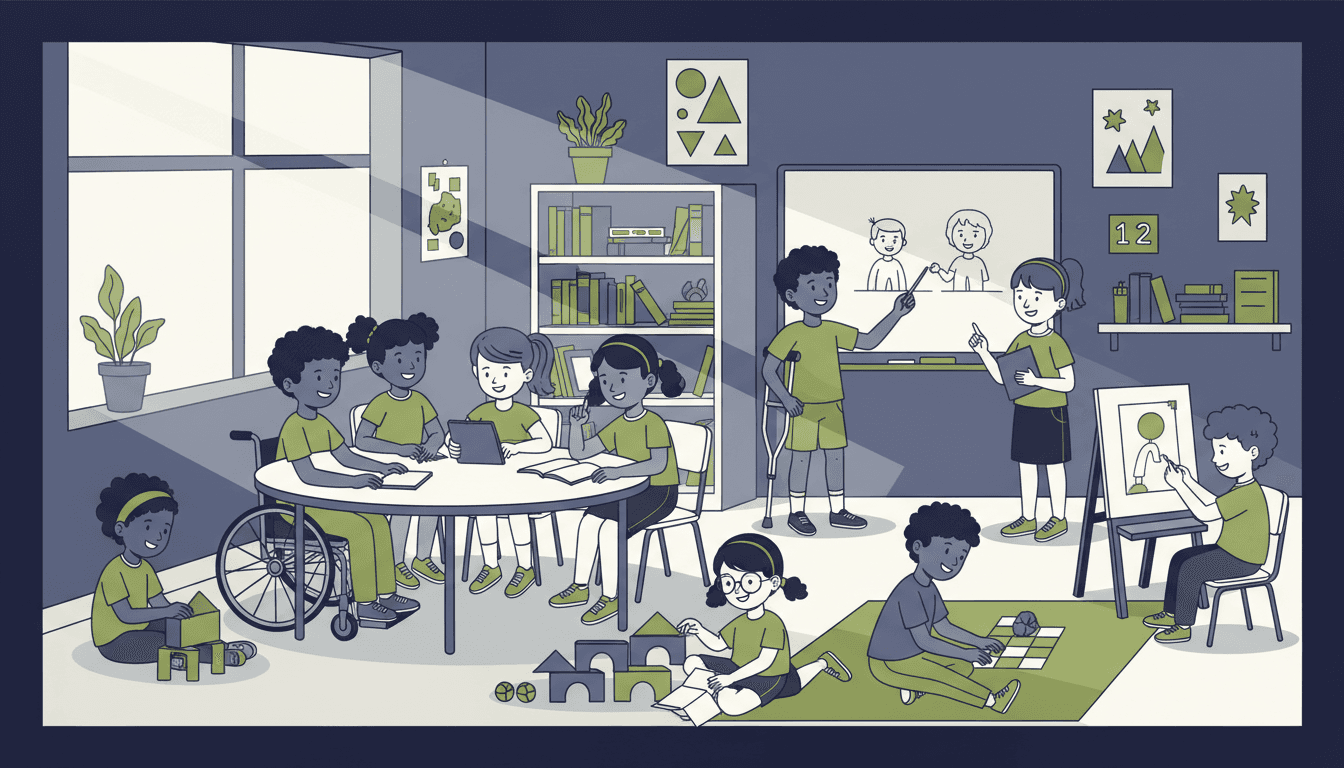 A diverse classroom with students of different abilities working together on a project, a teacher circulating to help