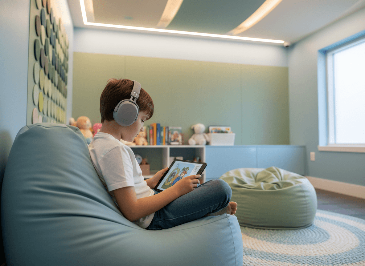 Child with headphones reading on a tablet in a calm, organized sensory room at school, soft lighting and minimal visual clutter