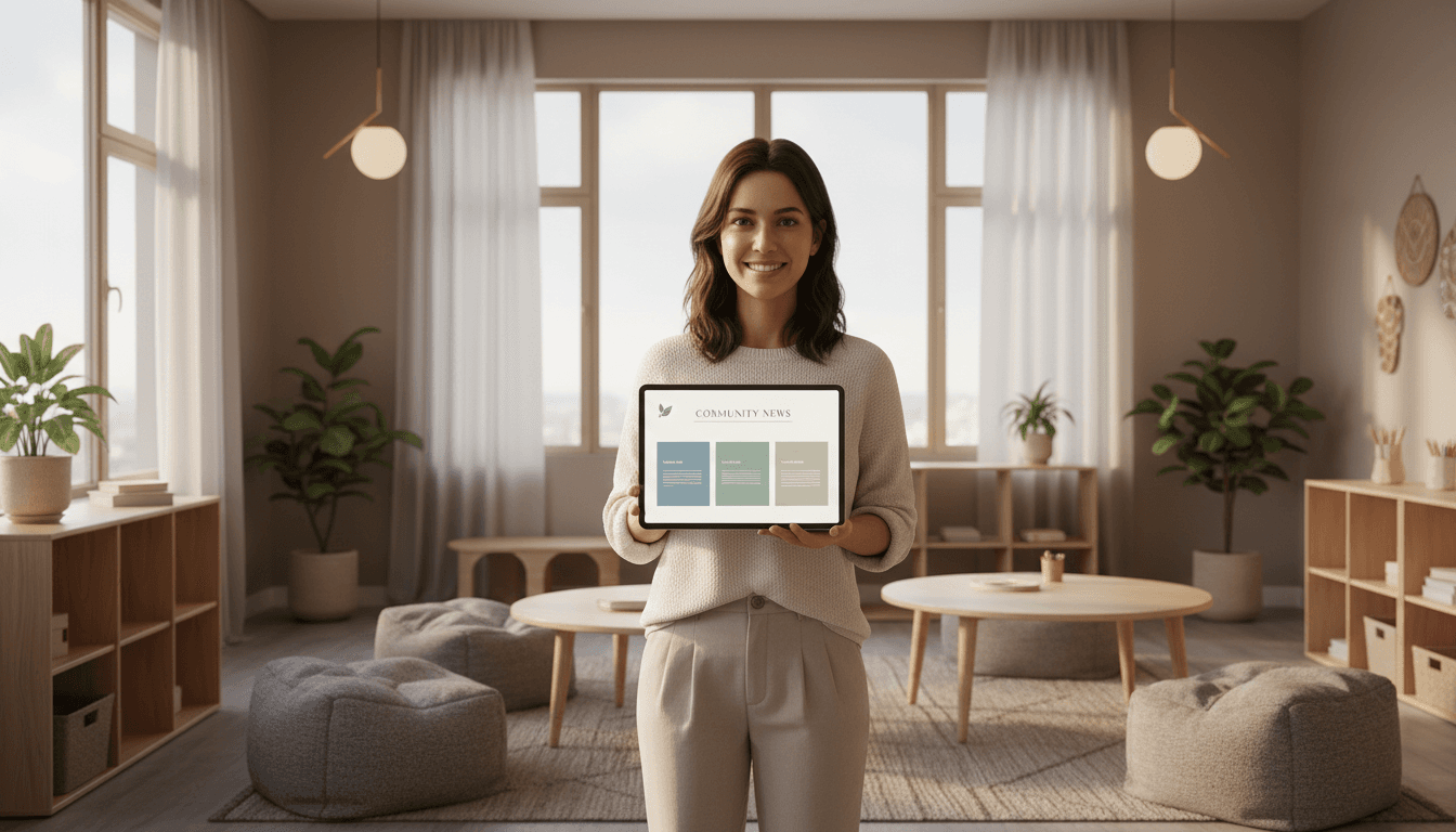 Clean, calm newsletter on a screen with soft colors and clear typography, held by a teacher in a sensory-friendly classroom with muted tones and natural materials