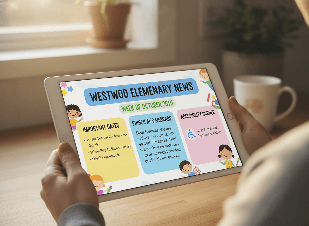 Close-up of a colorful, accessible school newsletter on a tablet screen, held by a parent in a home kitchen, warm lighting