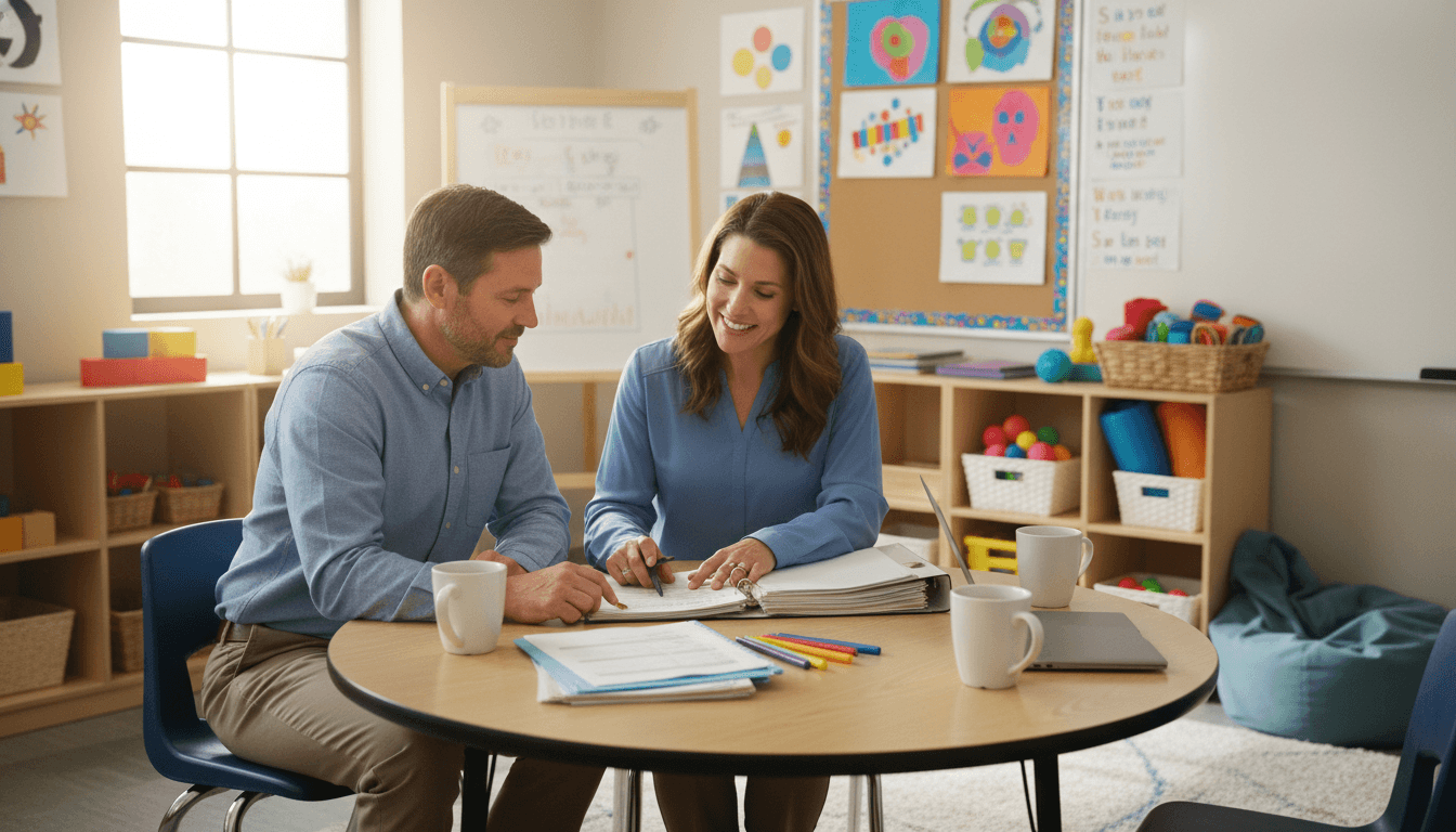 Special education teacher sitting at a round table with two parents reviewing documents, warm classroom with adaptive learning materials and sensory tools visible