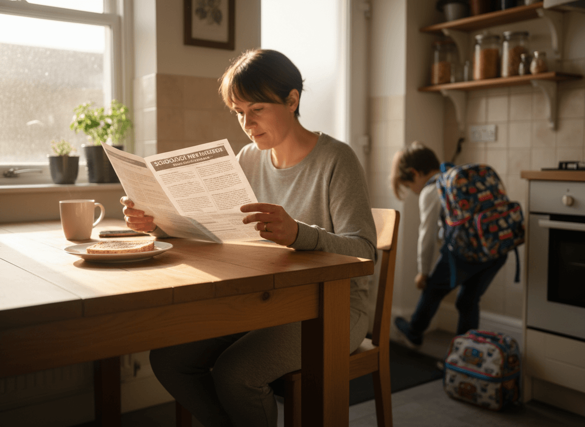 Parent reading a printed newsletter at a kitchen table, child with backpack visible in the background getting ready for school