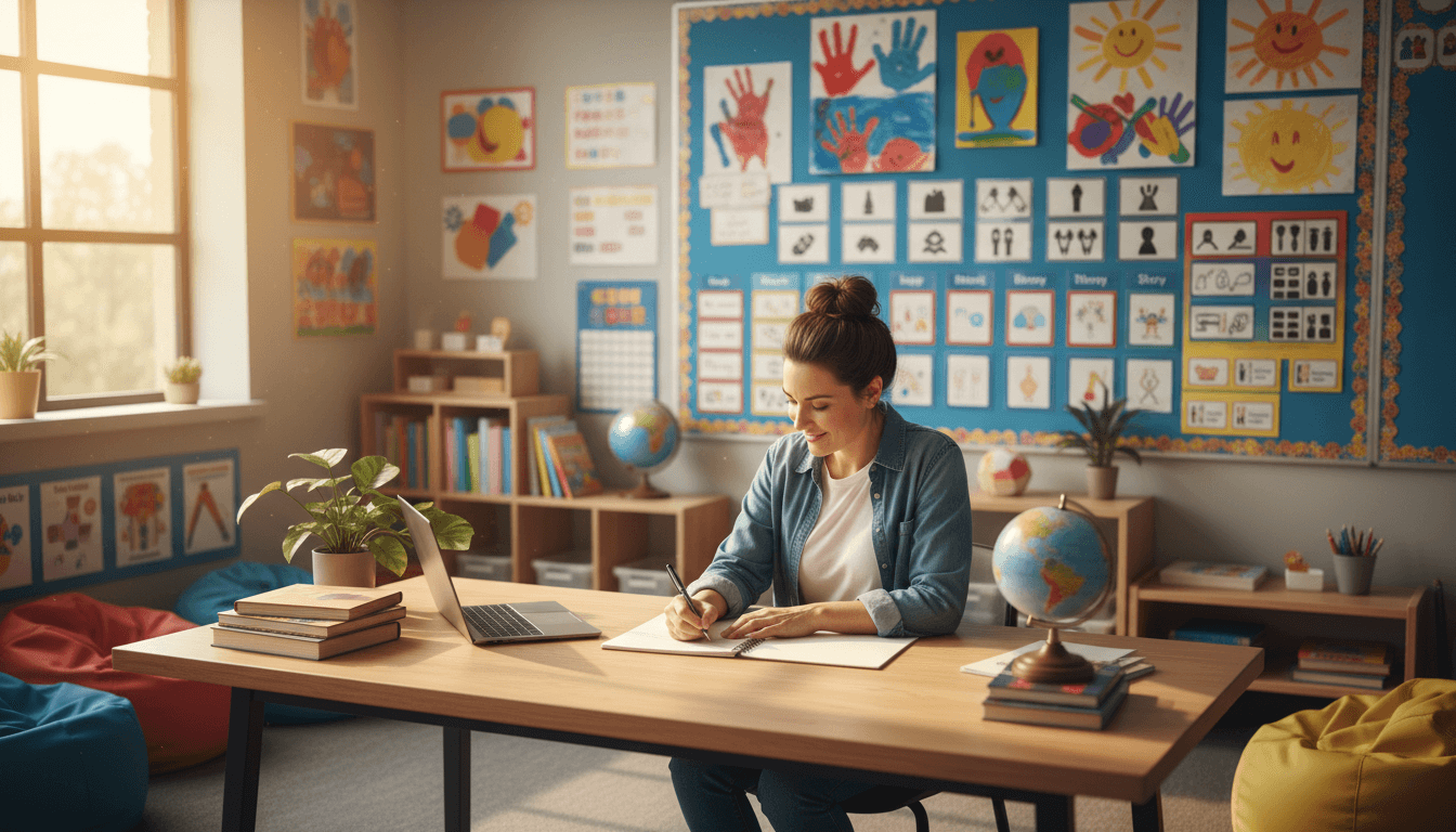 SPED teacher writing at a desk surrounded by student artwork and communication boards, warm and organized special education classroom