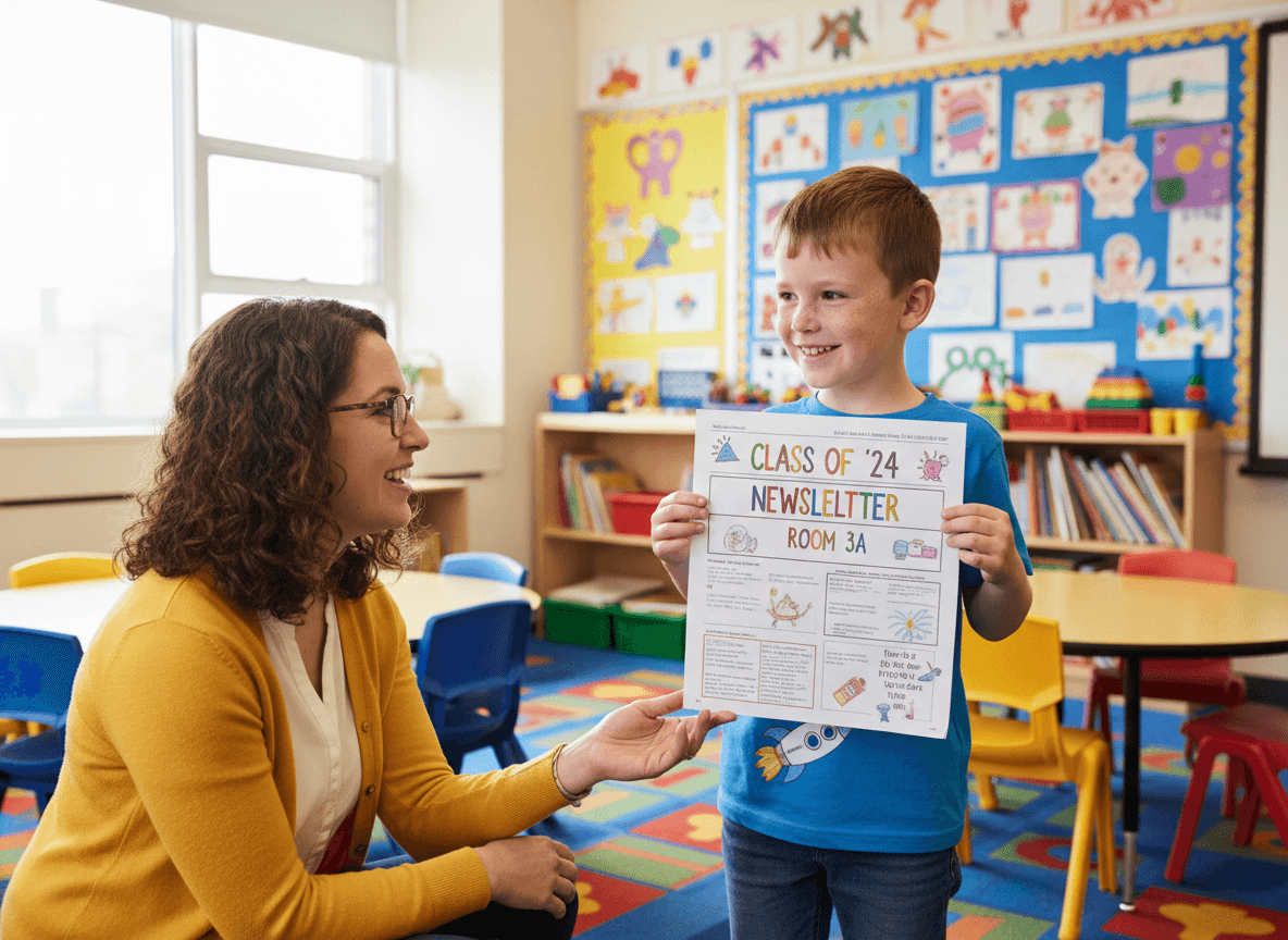 Third grade student holding a printed copy of their class newsletter proudly showing it to a smiling teacher, bright colorful classroom background