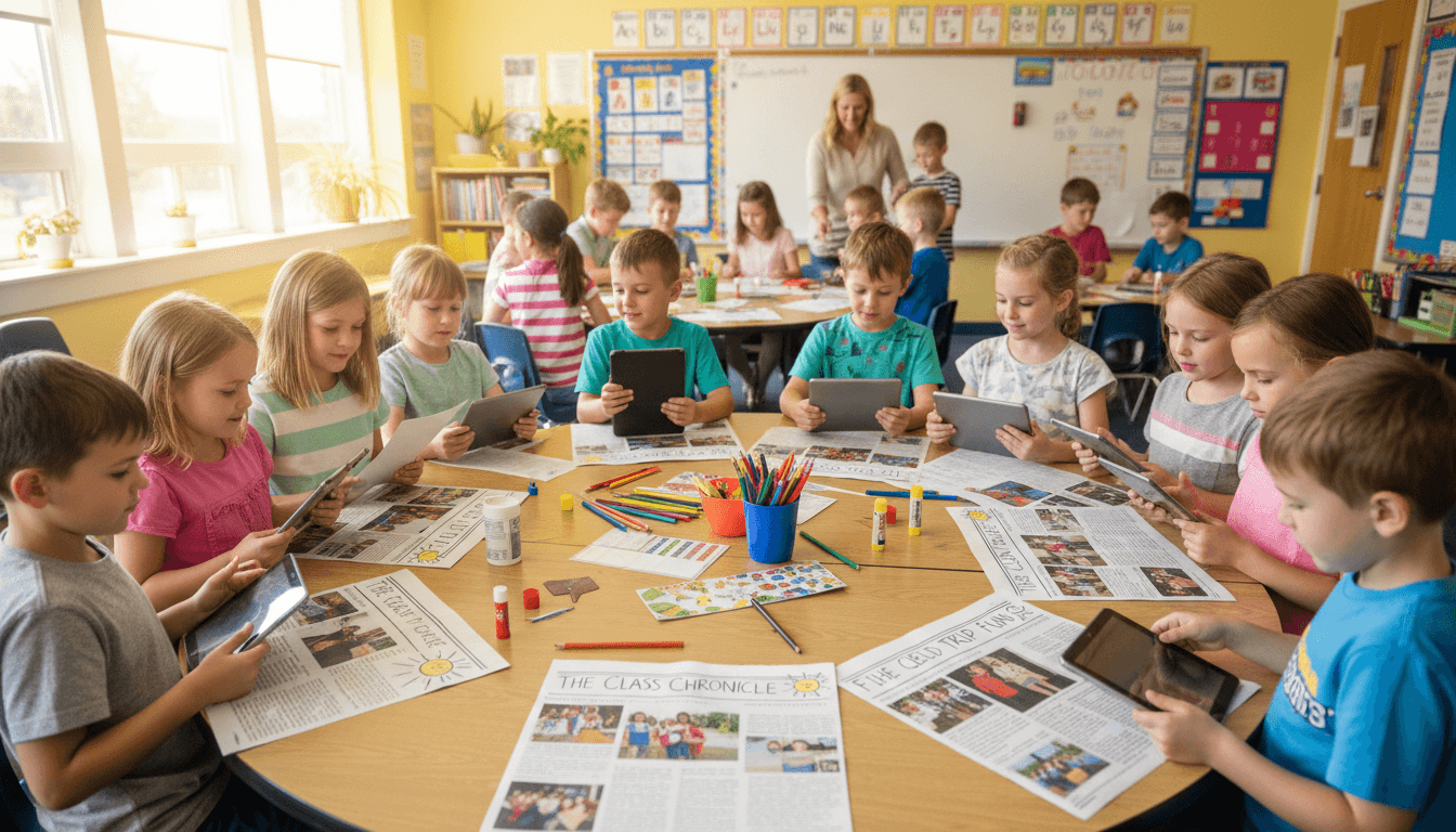 Elementary school students gathered around a table with tablets and printed photos, collaboratively working on a class newspaper project with excited expressions