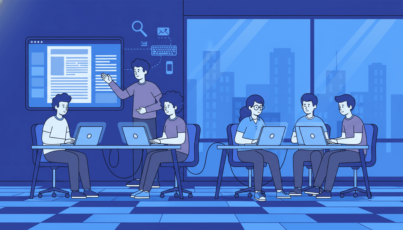 High school journalism students working on a digital newspaper layout at computers in a media lab