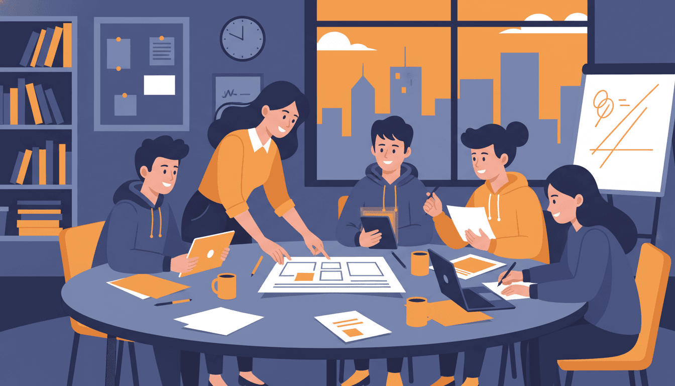A group of students gathered around a table in a classroom working on a newsletter project with a teacher advisor nearby