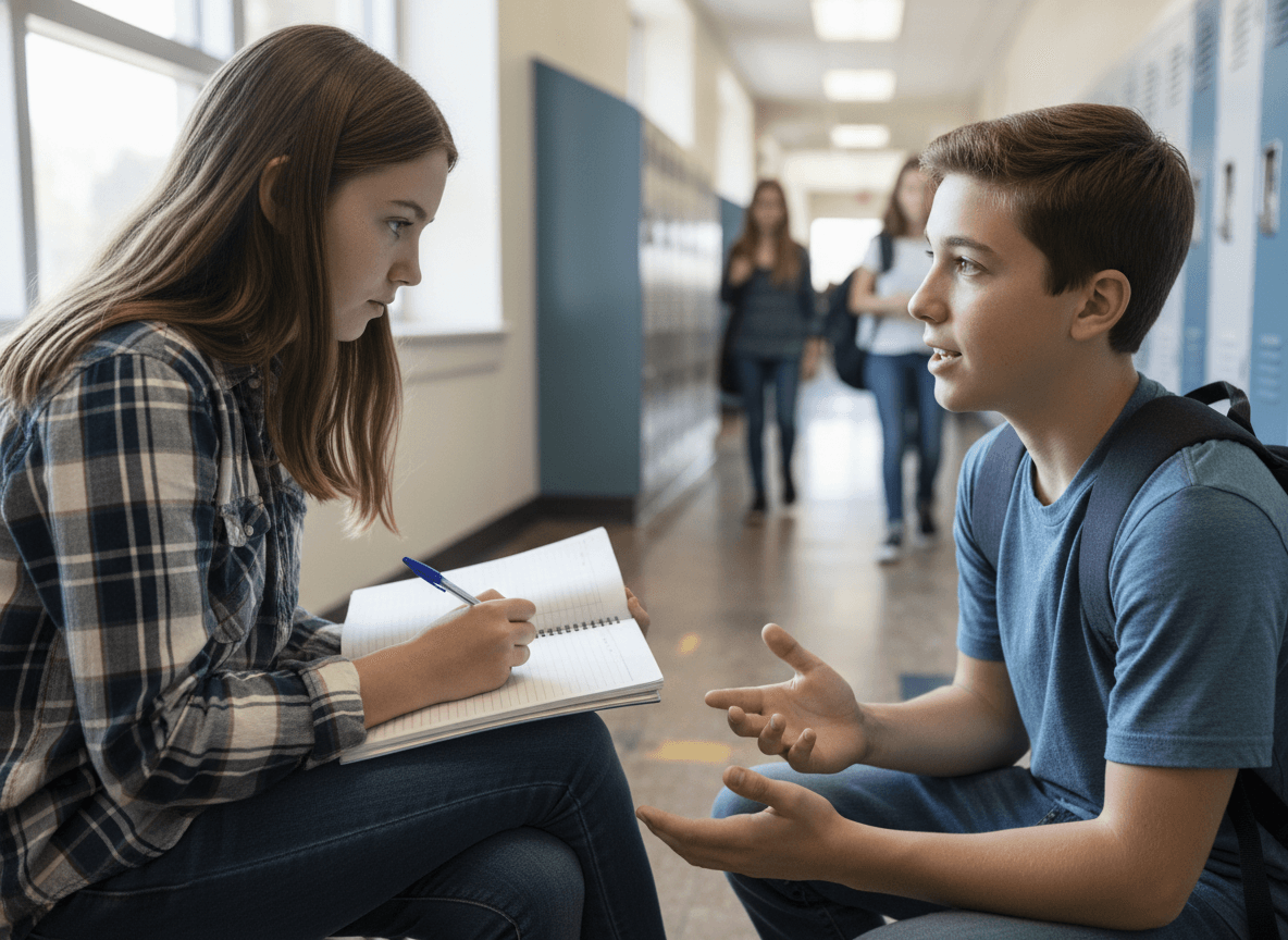 Student journalist interviewing a classmate with a notebook and pen, engaged in a real interview, school hallway setting with natural light