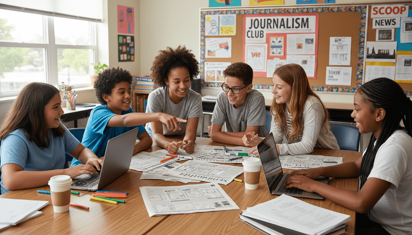 Group of diverse middle school students collaborating around a table with laptops, working on a school newspaper layout together, bright creative classroom environment