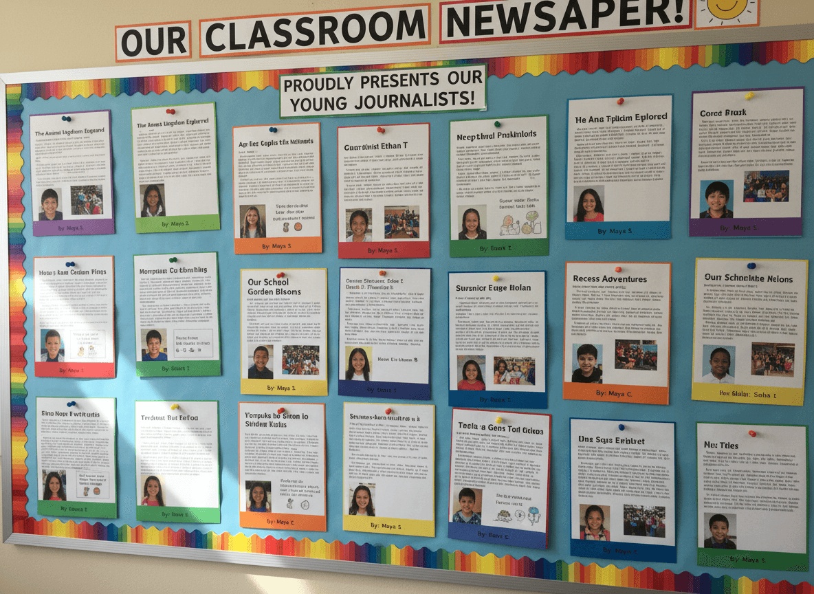 Elementary classroom with a display board showing student-written newsletter articles and photographs, colorful and proud showcase of student journalism work