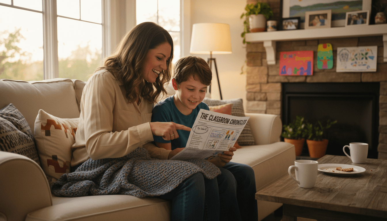 Parent and elementary school student looking at a student-produced newsletter together, parent smiling and pointing to the student's byline, warm home living room setting