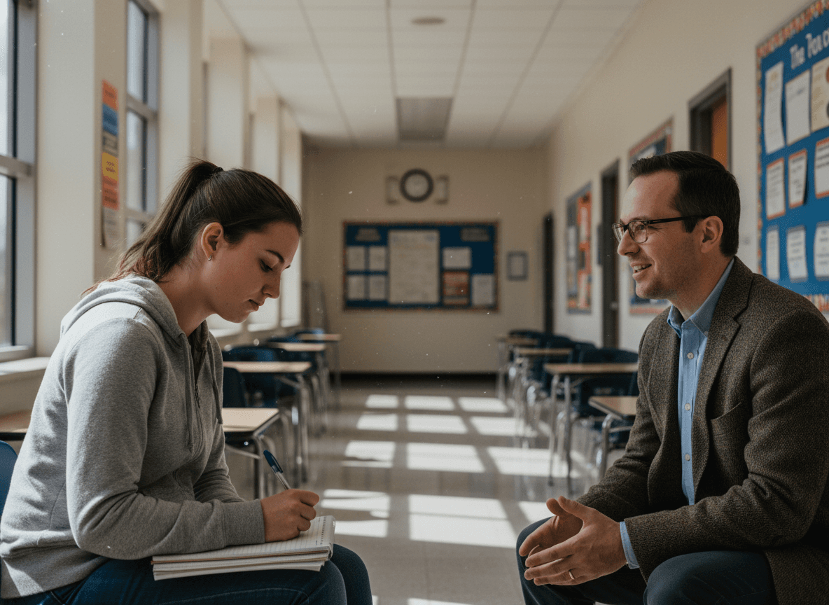 Student journalist taking notes during an interview with a teacher in a bright school corridor, pen and notebook in hand, focused and engaged