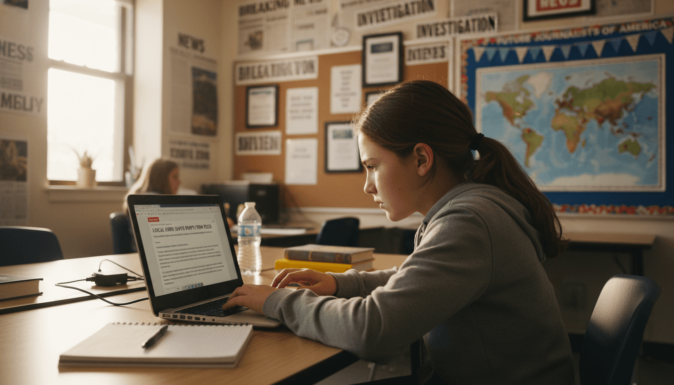 Middle school student at a laptop concentrating on writing a news story, organized desk in a classroom journalism lab with headlines and newspaper clippings on the walls