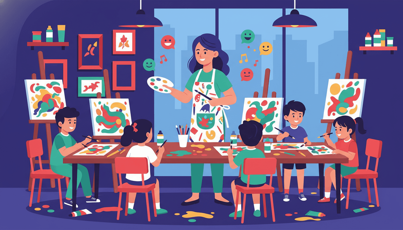 Art teacher in a colorful classroom surrounded by student artwork displayed on walls, smiling at a table