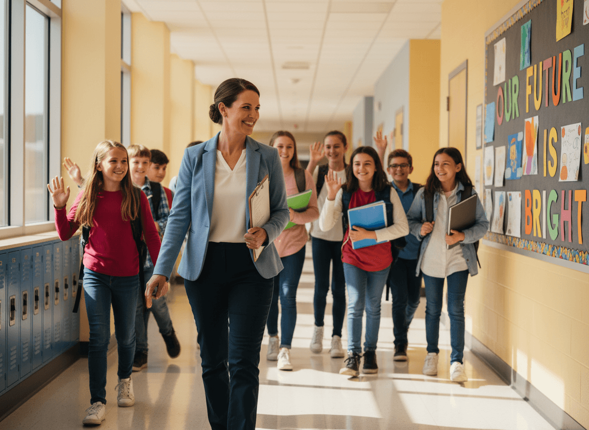 Parent reading an assistant principal school communication on a phone while their student prepares a backpack nearby
