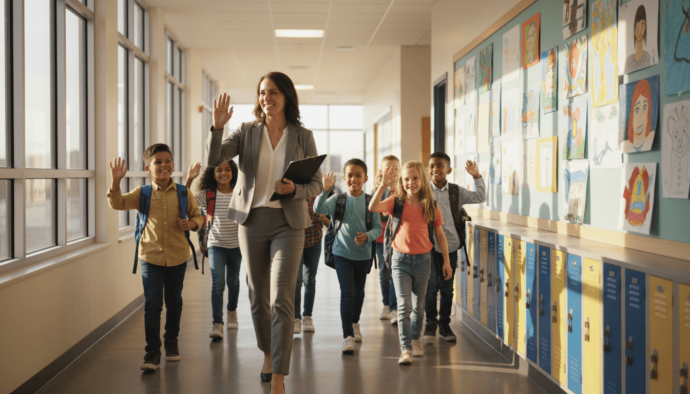 Assistant principal walking through a school hallway with students, engaged in conversation and holding a clipboard