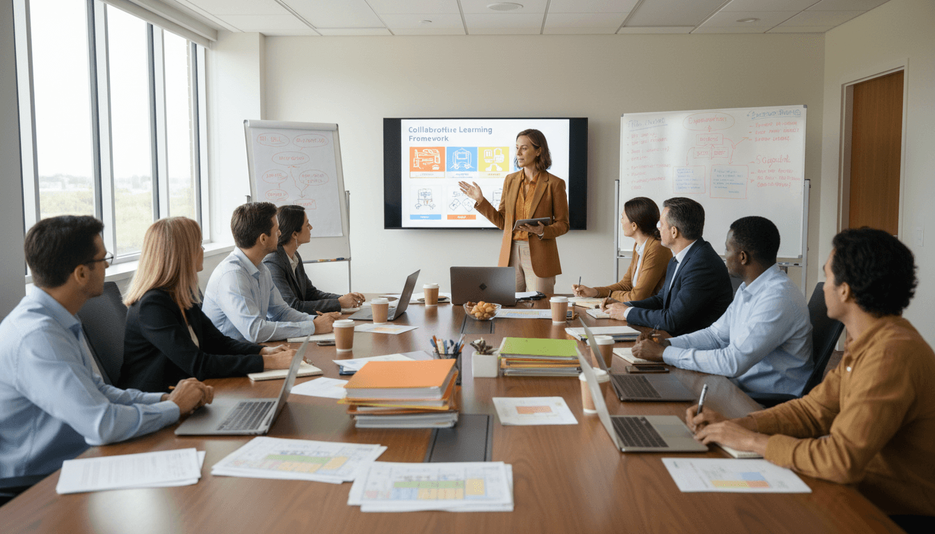 Curriculum director presenting instructional materials to a group of educators around a conference table with charts and curriculum documents visible