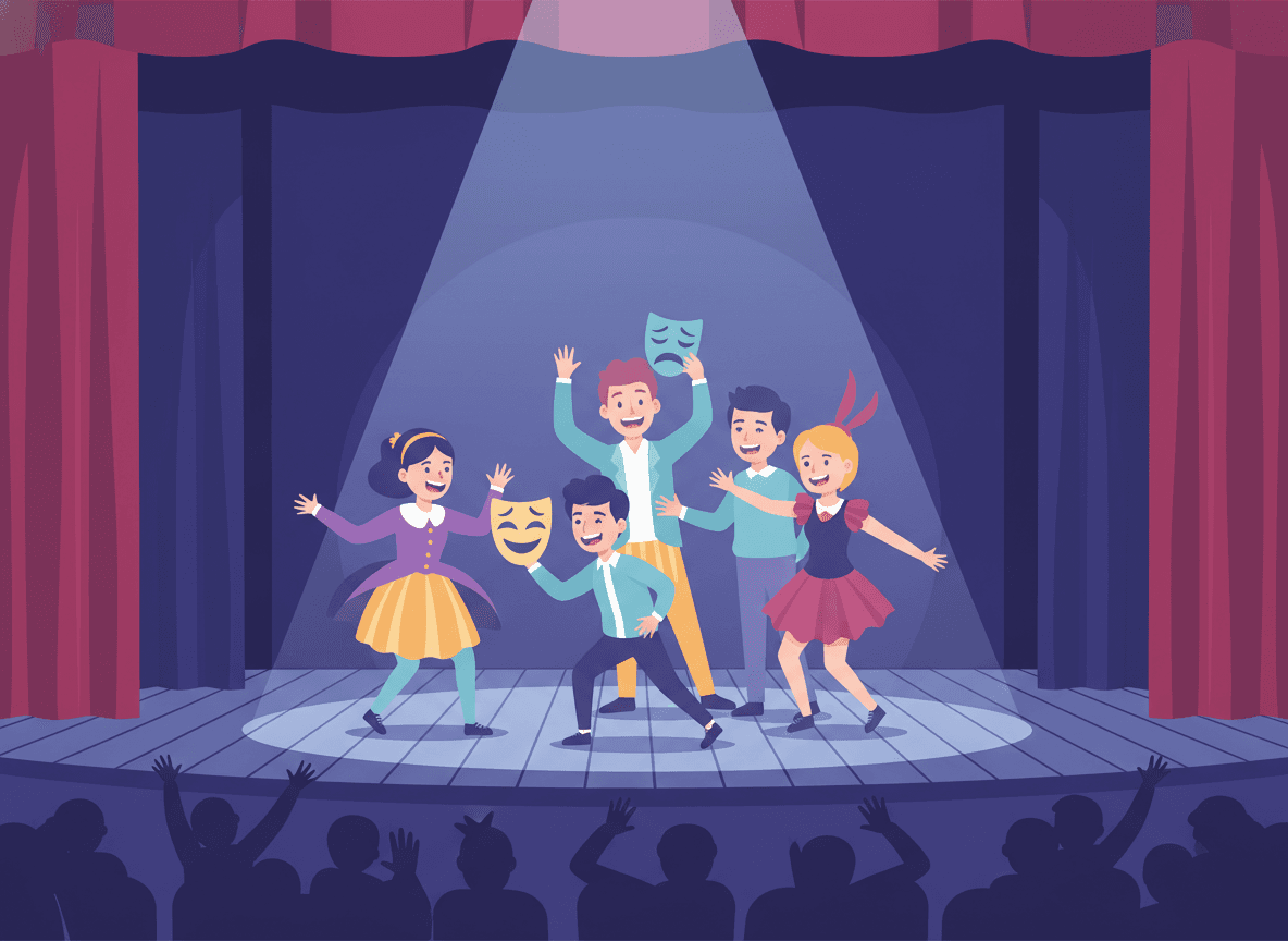 Audience of parents applauding at a school play performance, stage lights illuminating child performers