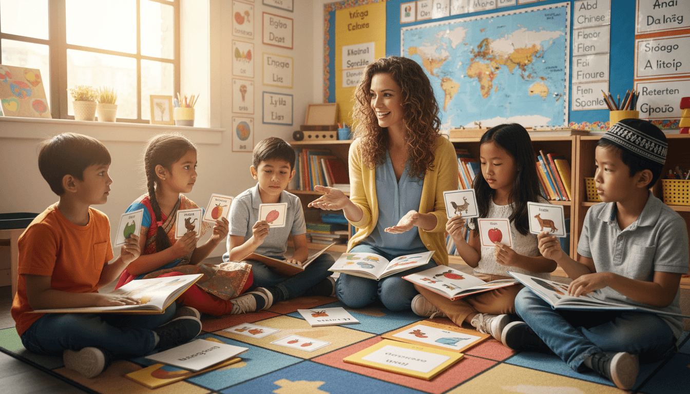ESL teacher working one-on-one with a student at a table with picture cards and bilingual books in a bright classroom