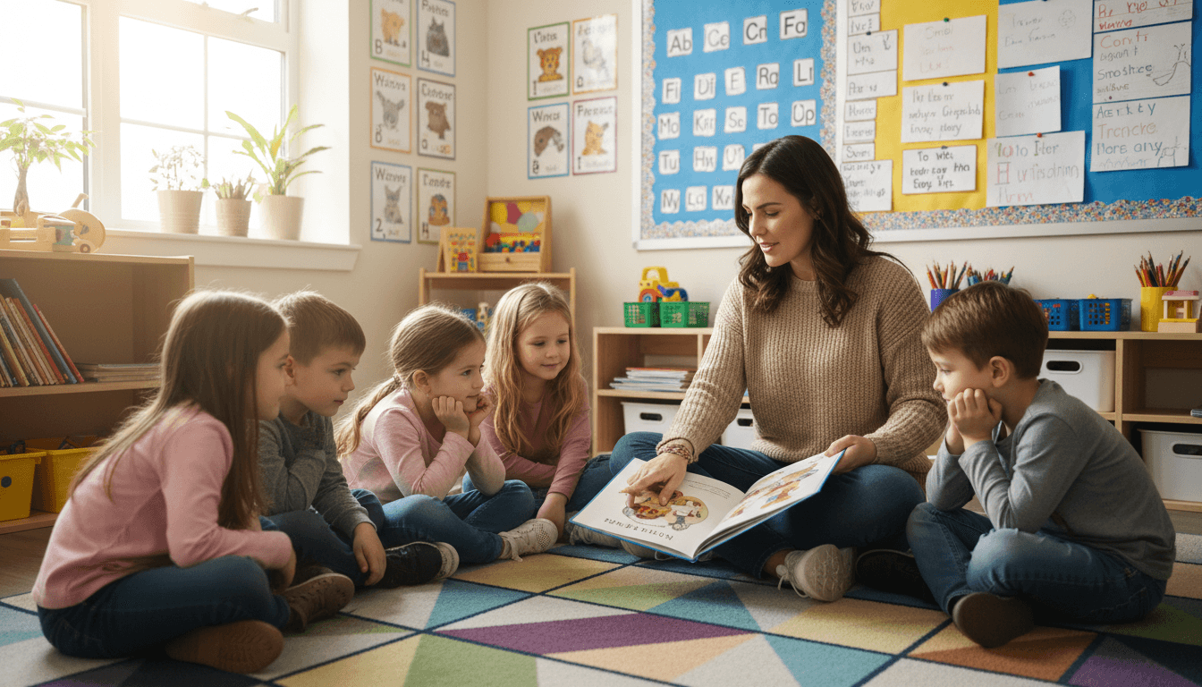 First grade classroom with students seated at small tables doing early reading activities with books and manipulatives visible