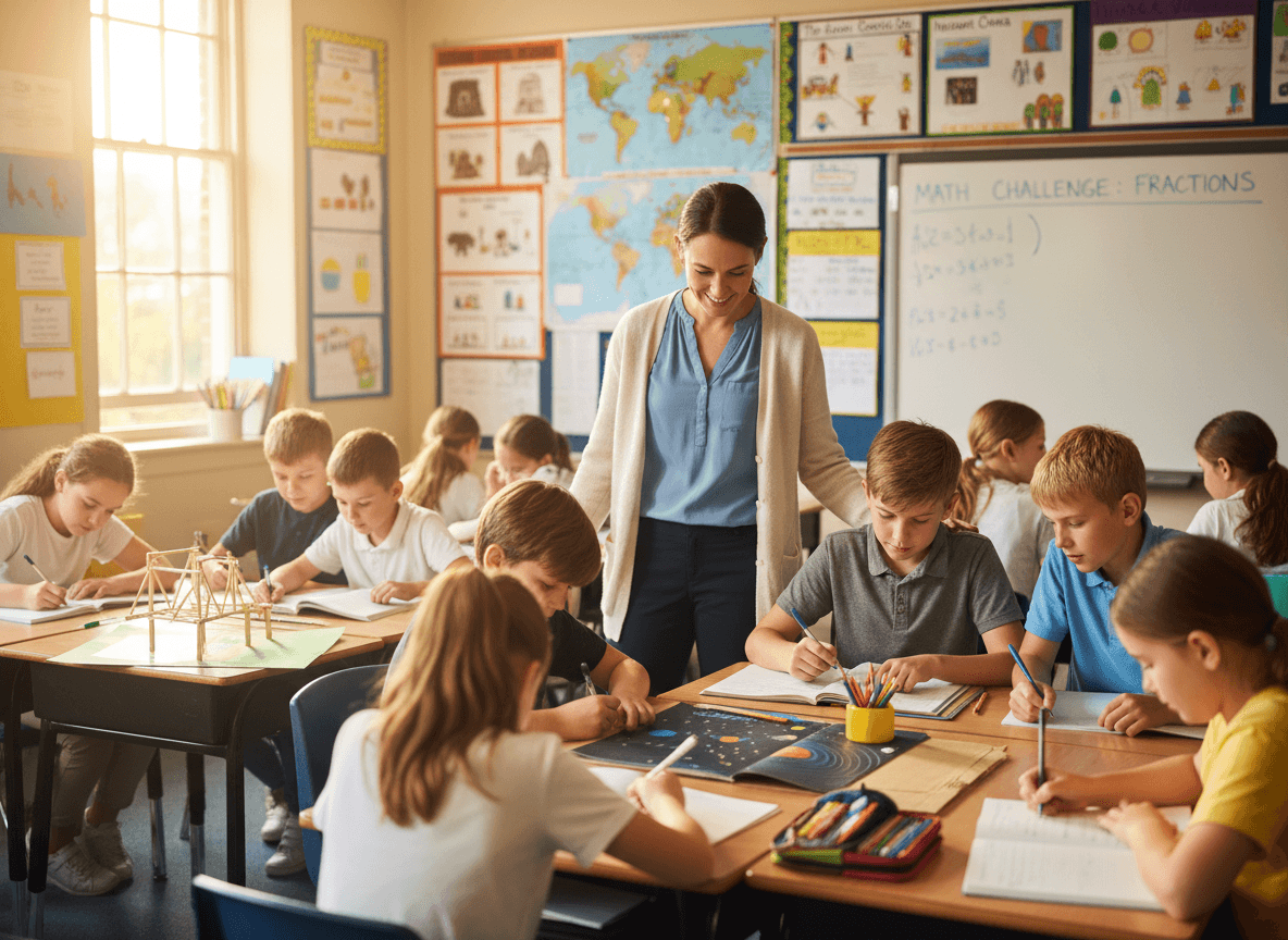 Fourth grader working independently on a homework assignment at a desk at home while a parent is visible nearby but not interfering