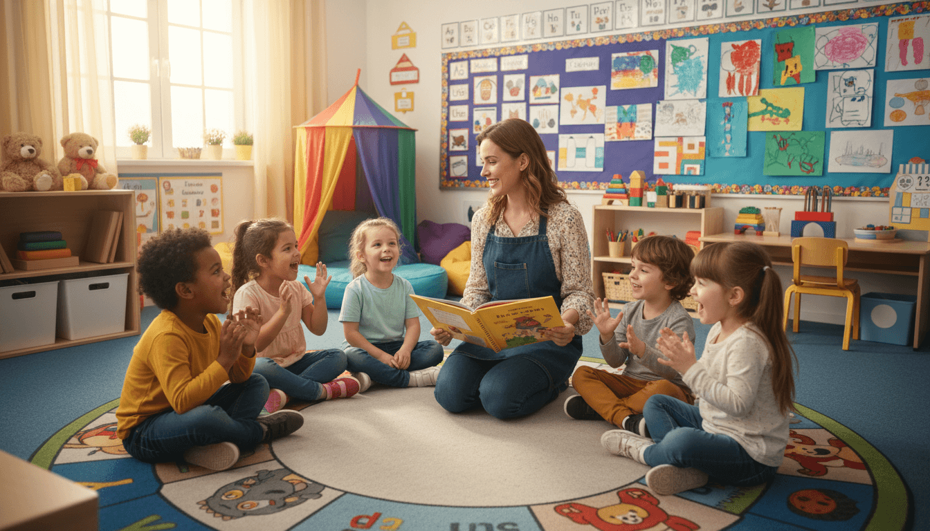 Kindergarten classroom with colorful learning centers, small tables, and picture books visible, bright natural light from large windows
