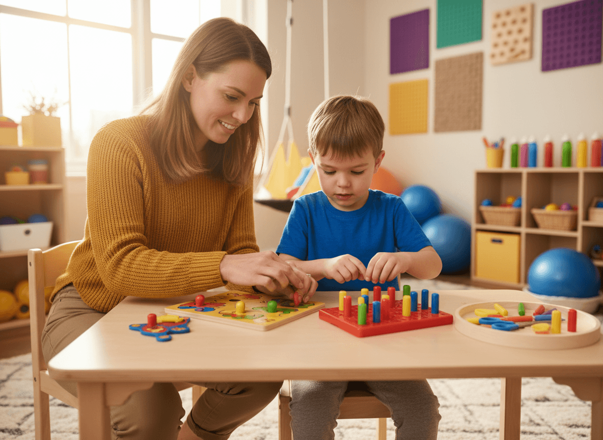 Parent reviewing a therapy newsletter on a phone while a child works on a fine motor activity at a table