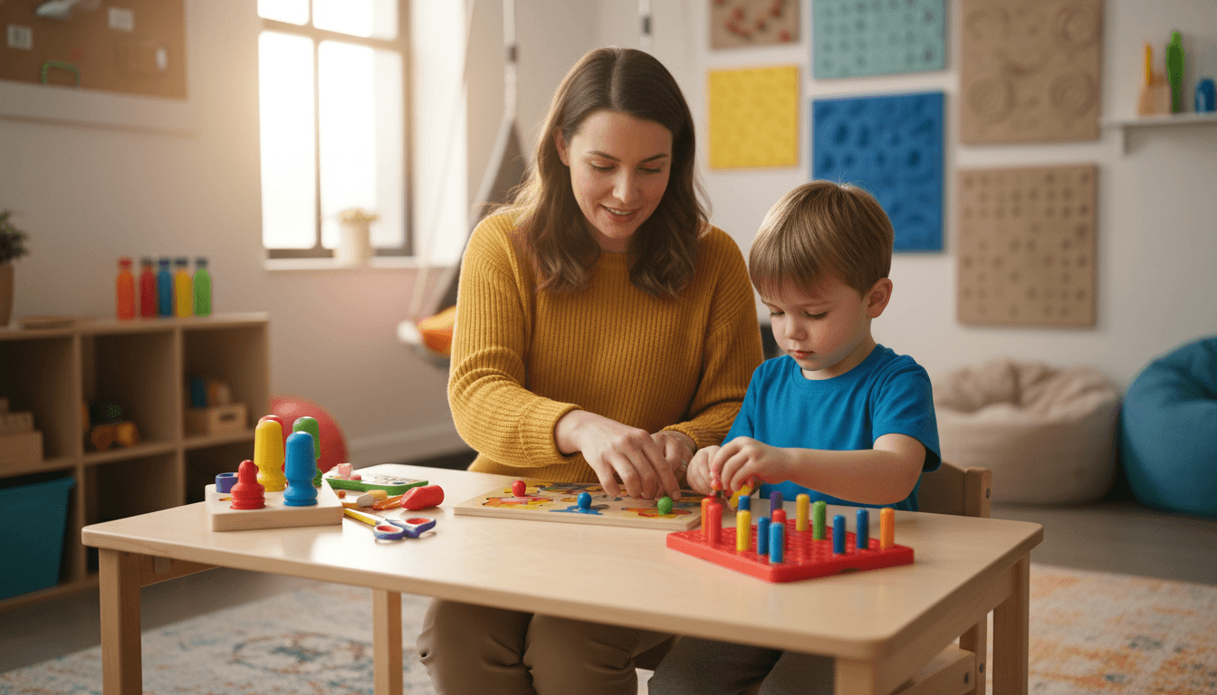 Occupational therapist working with a young student on handwriting exercises at a table with pencils and paper in a bright therapy room
