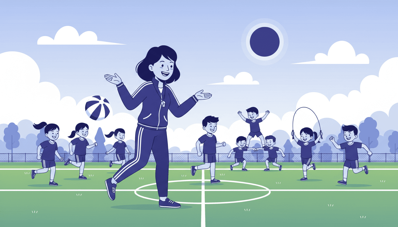 PE teacher on a gymnasium floor with students playing a cooperative game, whistle around teacher's neck