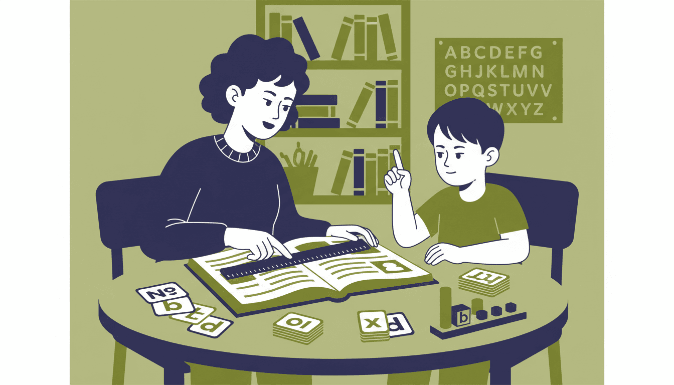 Reading specialist working one-on-one with a student over a book, both leaning in attentively