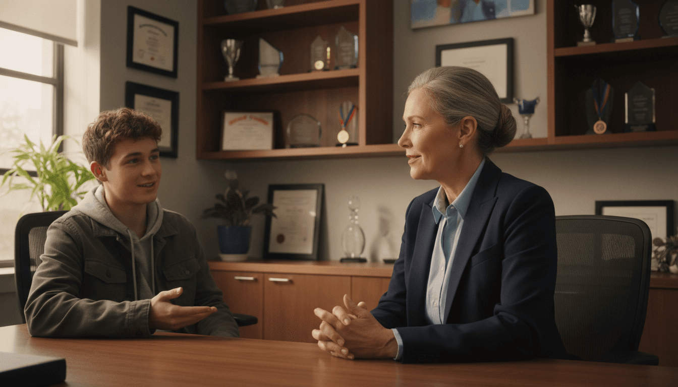 School dean in a professional office setting speaking with a student in a calm, focused conversation with chairs arranged for a restorative discussion