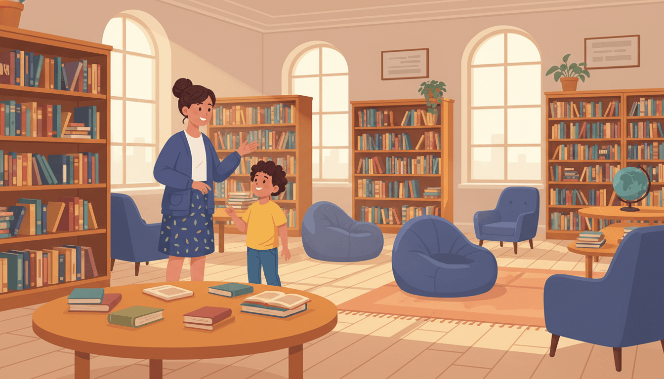 School librarian surrounded by bookshelves, holding a stack of new books and smiling at the camera