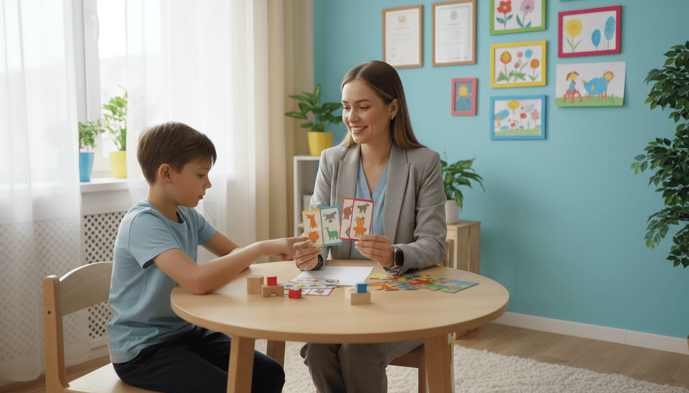 School psychologist reviewing assessment materials at a desk in a calm, professional office with natural lighting