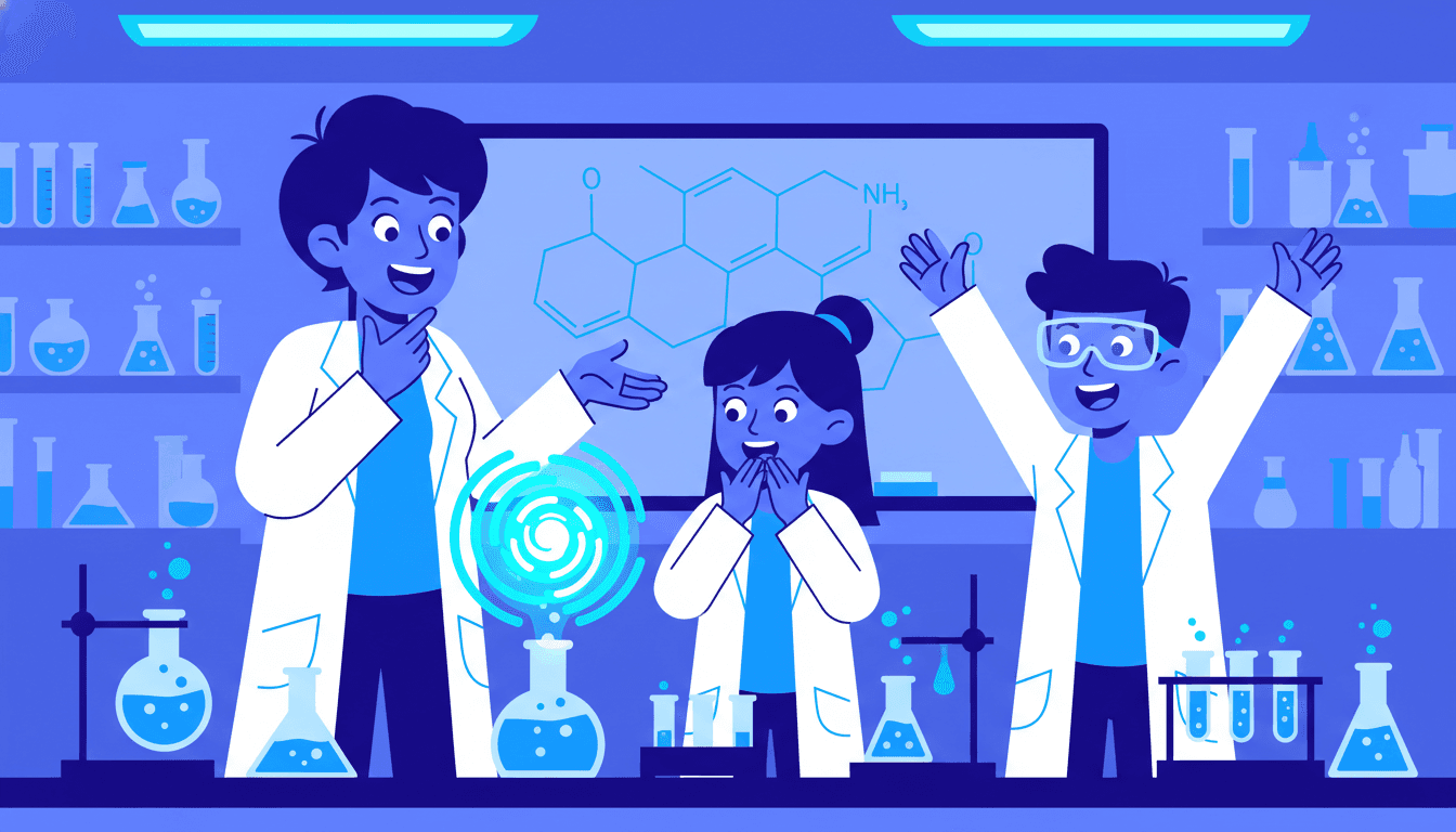 Science teacher in a lab setting surrounded by equipment, writing notes with students visible in the background