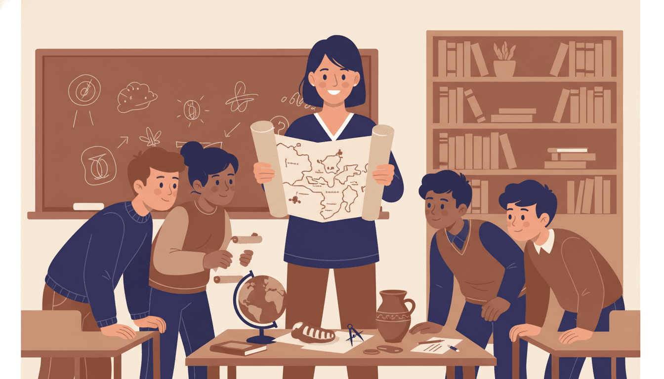 Social studies teacher pointing at a large world map on a classroom wall with student desks visible
