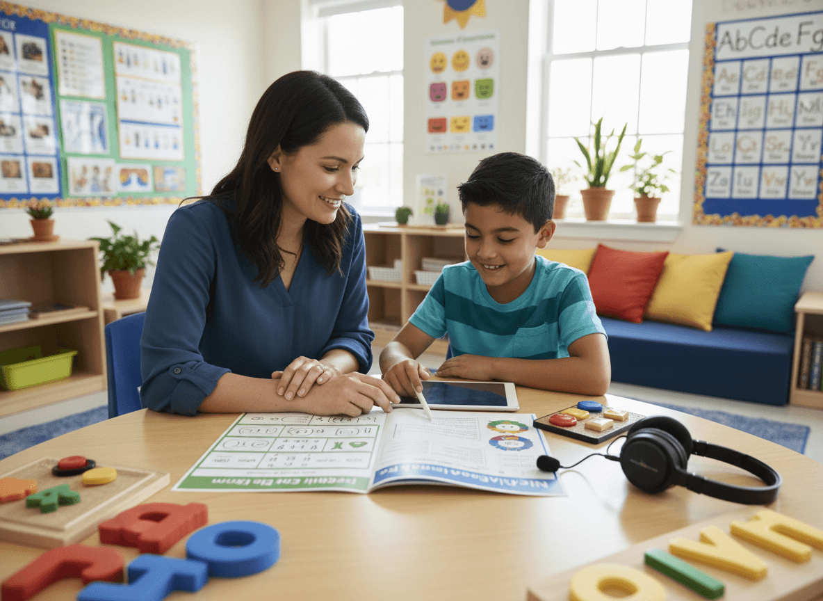Parent reviewing a special education newsletter on a laptop at home alongside their child doing homework