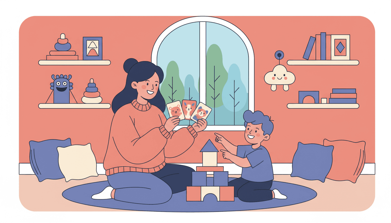 Speech-language pathologist working with a young student using visual cards at a therapy table