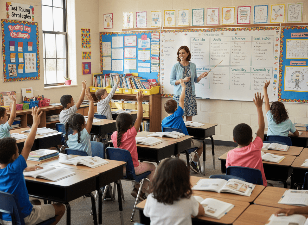 Parent and third grader reviewing test results together at a kitchen table with notebooks and books nearby