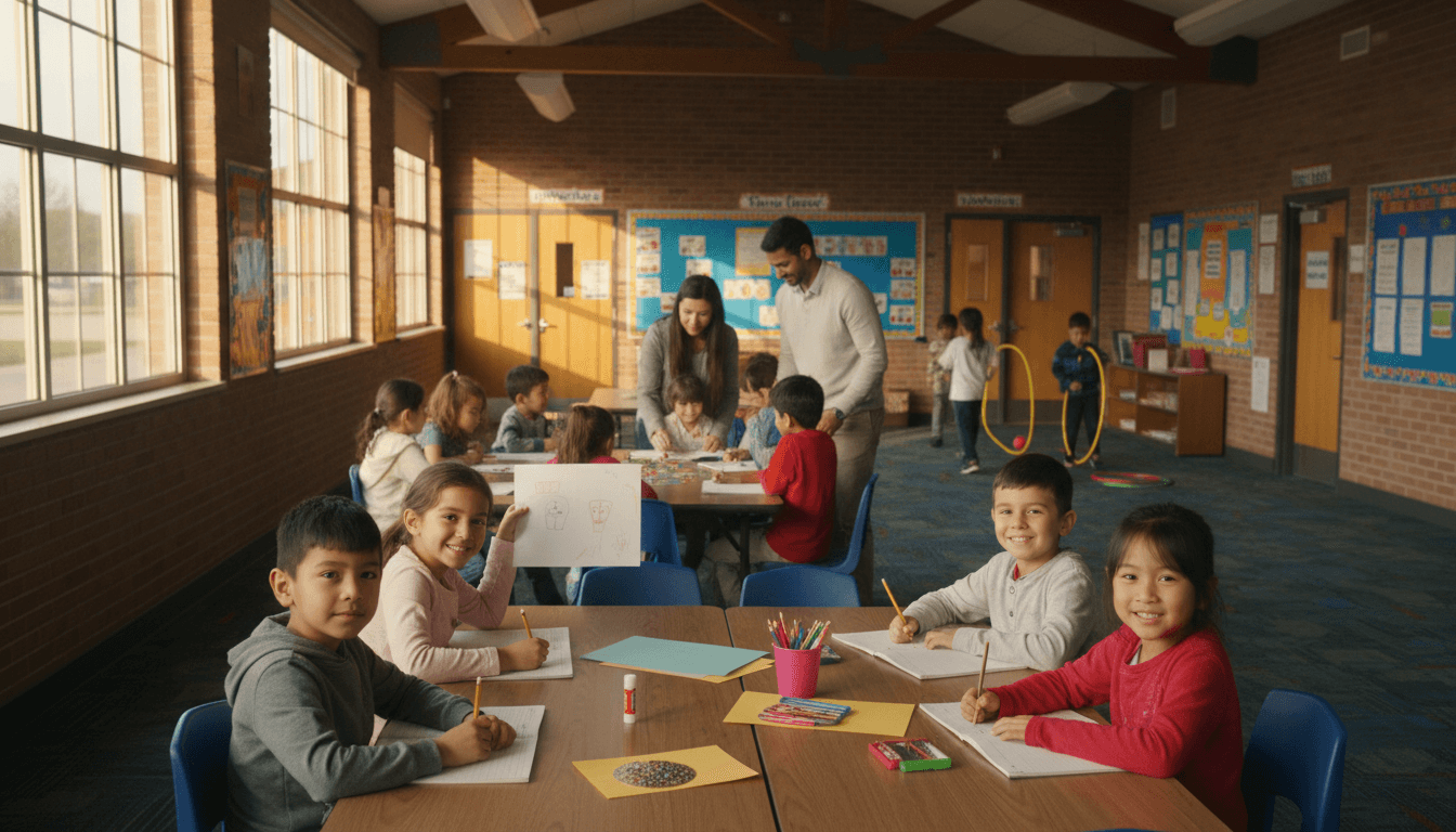 Children doing homework at tables in a bright school common area during after-school hours, staff member assisting in the background