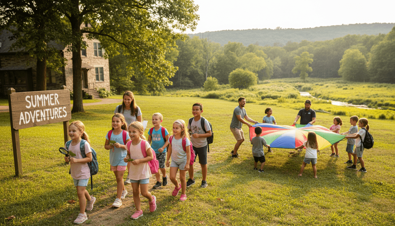 Children doing outdoor science activities in a school courtyard during summer camp, wearing colorful camp t-shirts and working with plants and soil