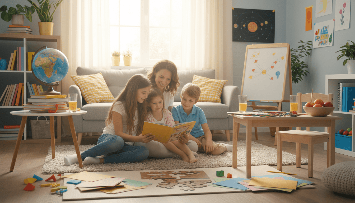 Child doing a simple math activity at a kitchen table with colorful learning materials, parent helping nearby on a summer afternoon