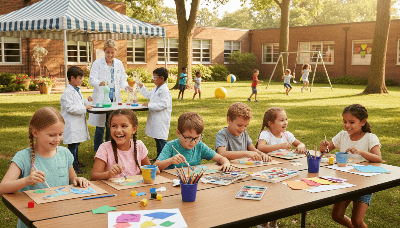 Students working on an outdoor art project at picnic tables on a school campus in summer, bright blue sky and trees visible