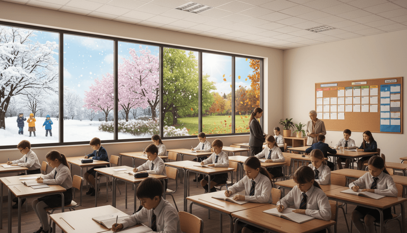 Organized classroom with a large colorful academic calendar on the wall showing school and break periods across the full year