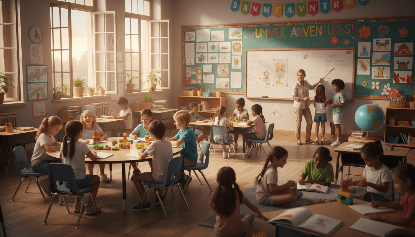 Bright classroom with summer sunlight streaming through windows, a teacher writing on the board while students sit at desks with notebooks open